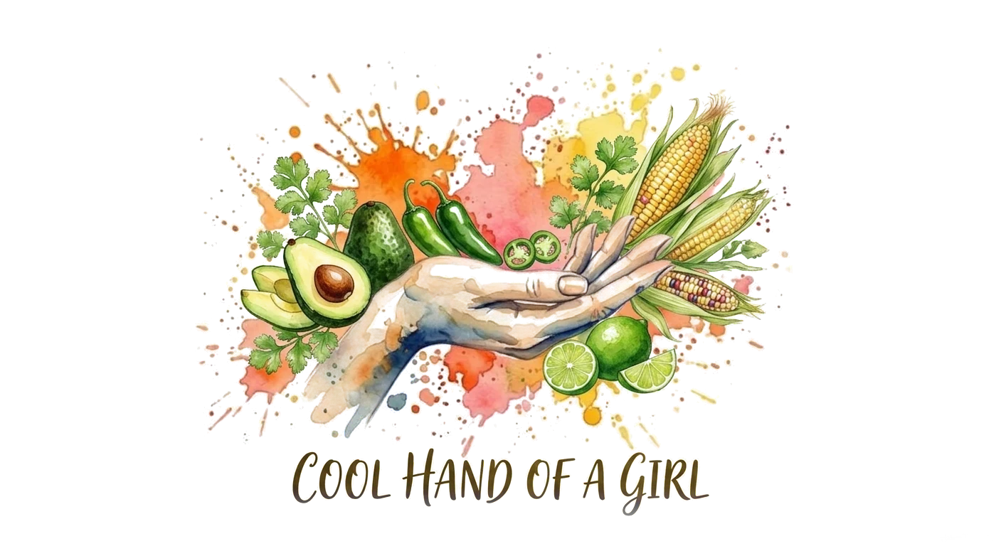 Cool Hand of a Girl logo: a watercolour hand holding avocado, jalapeños, corn, limes and cilantro